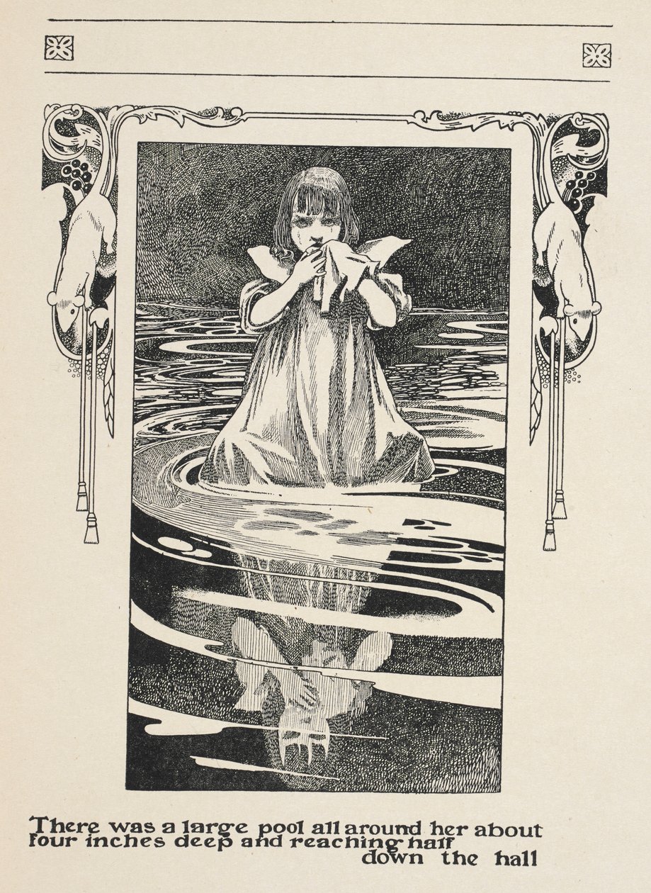Había un gran charco a su alrededor de unos diez centímetros de profundidad y que llegaba hasta la mitad del pasillo.
Alice llorando en el poool de lágrimas. de Charles Robinson