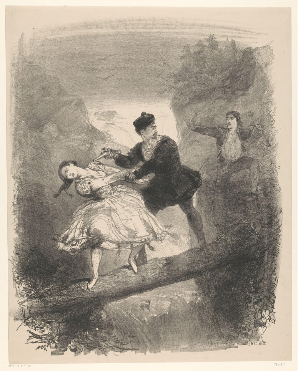 Escena de ballet con hombre y mujer sobre abismo Anuncio Entradas para ballets y obras de teatro en el Amsterdam City Theatre (título de la serie) de Charles Rochussen