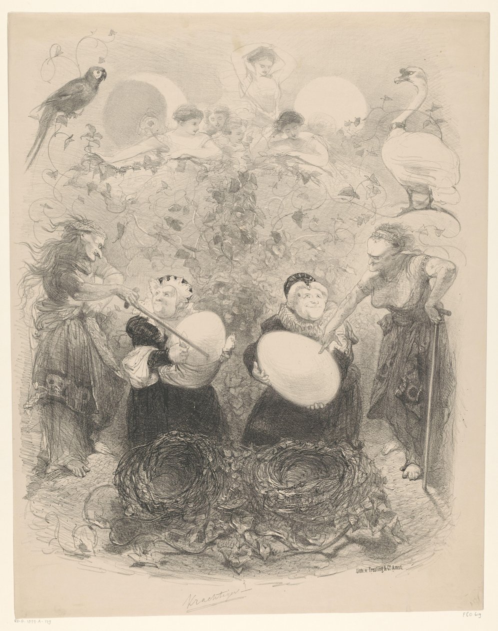 Escena de ballet con ancianas con huevos. Anuncios de ballets y obras de teatro representadas en el Amsterdam City Theatre (título de la serie) de Charles Rochussen