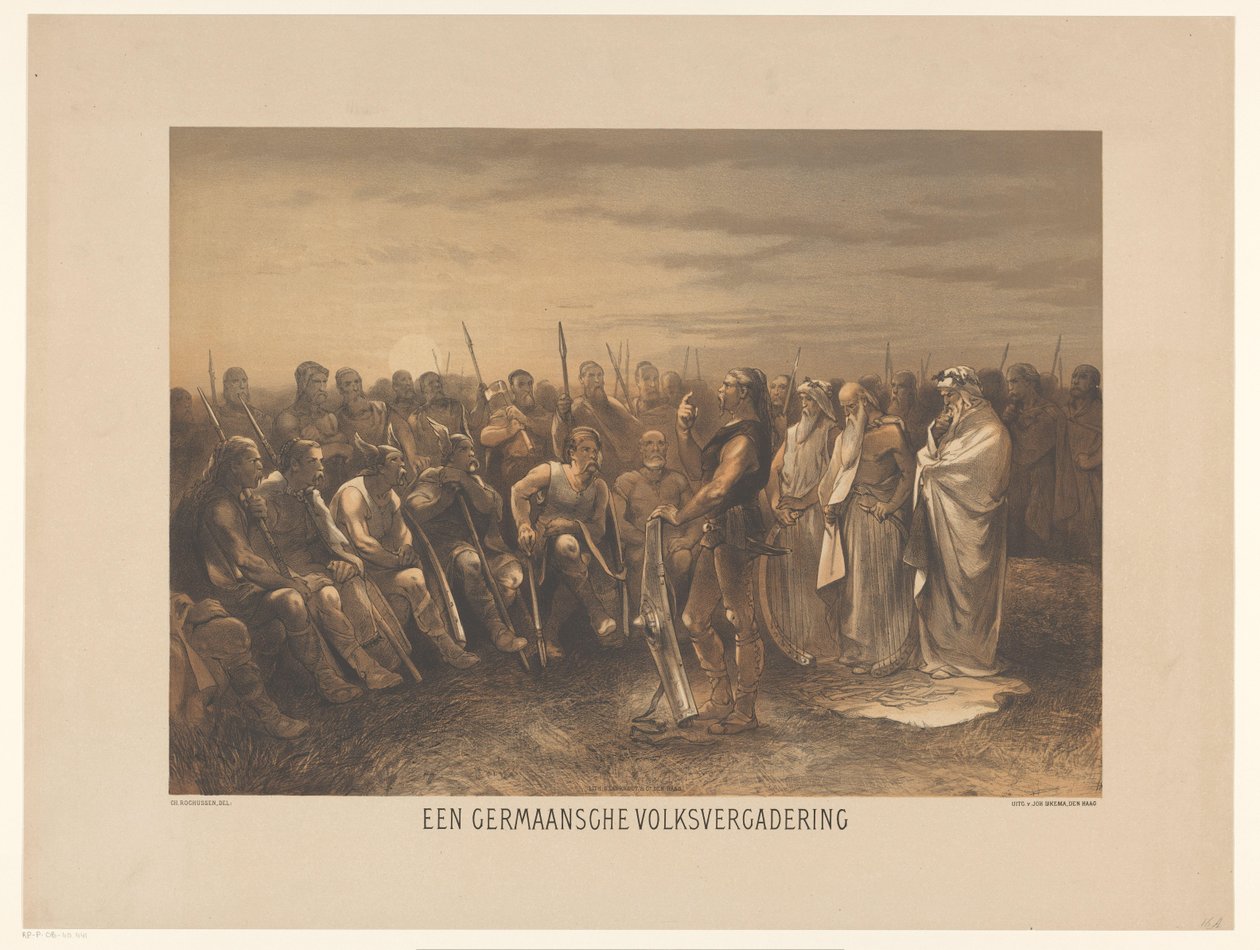Asamblea Germánica Asamblea del Pueblo Germánico (título sobre el objeto) Serie de veinticuatro placas de historia nacional, para la escuela y el hogar (título de la serie) de Charles Rochussen