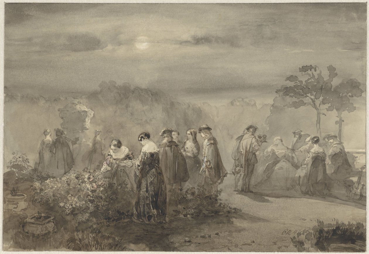 Compañía de damas y caballeros en un patio a la luz de la luna con rosales de Charles Rochussen