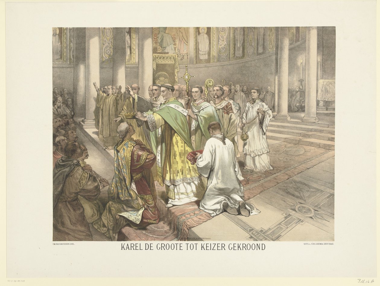 Carlomagno es coronado emperador, 800
Carlomagno coronado emperador (título en el objeto)
Serie de 24 diapositivas de historia, para la escuela y el hogar (título de la serie) de Charles Rochussen