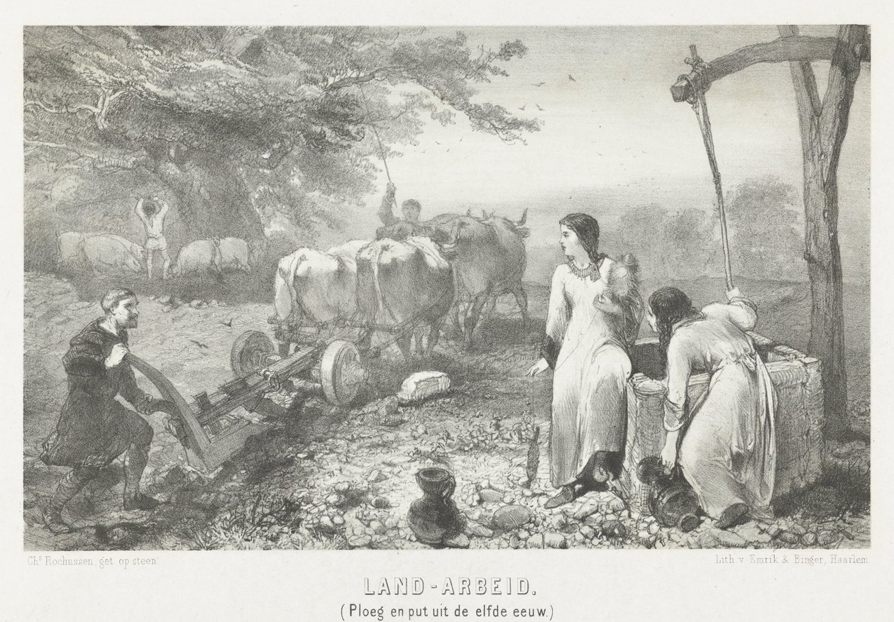 Trabajo de la tierra (arado y pozo del siglo XI) (título sobre el objeto) de Charles Rochussen