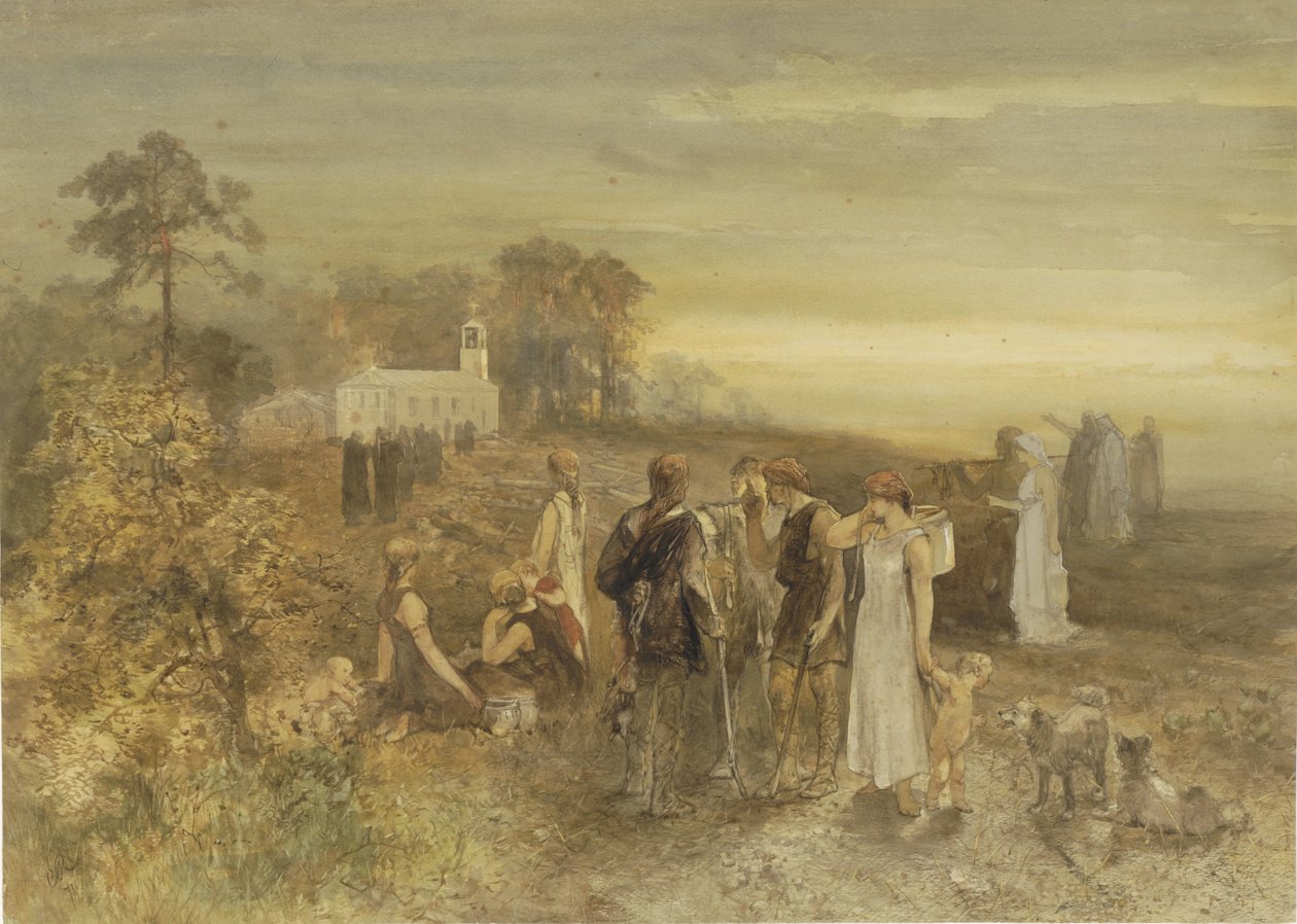 Los monjes se dirigen a una iglesia, vigilados por un grupo de germanos de Charles Rochussen