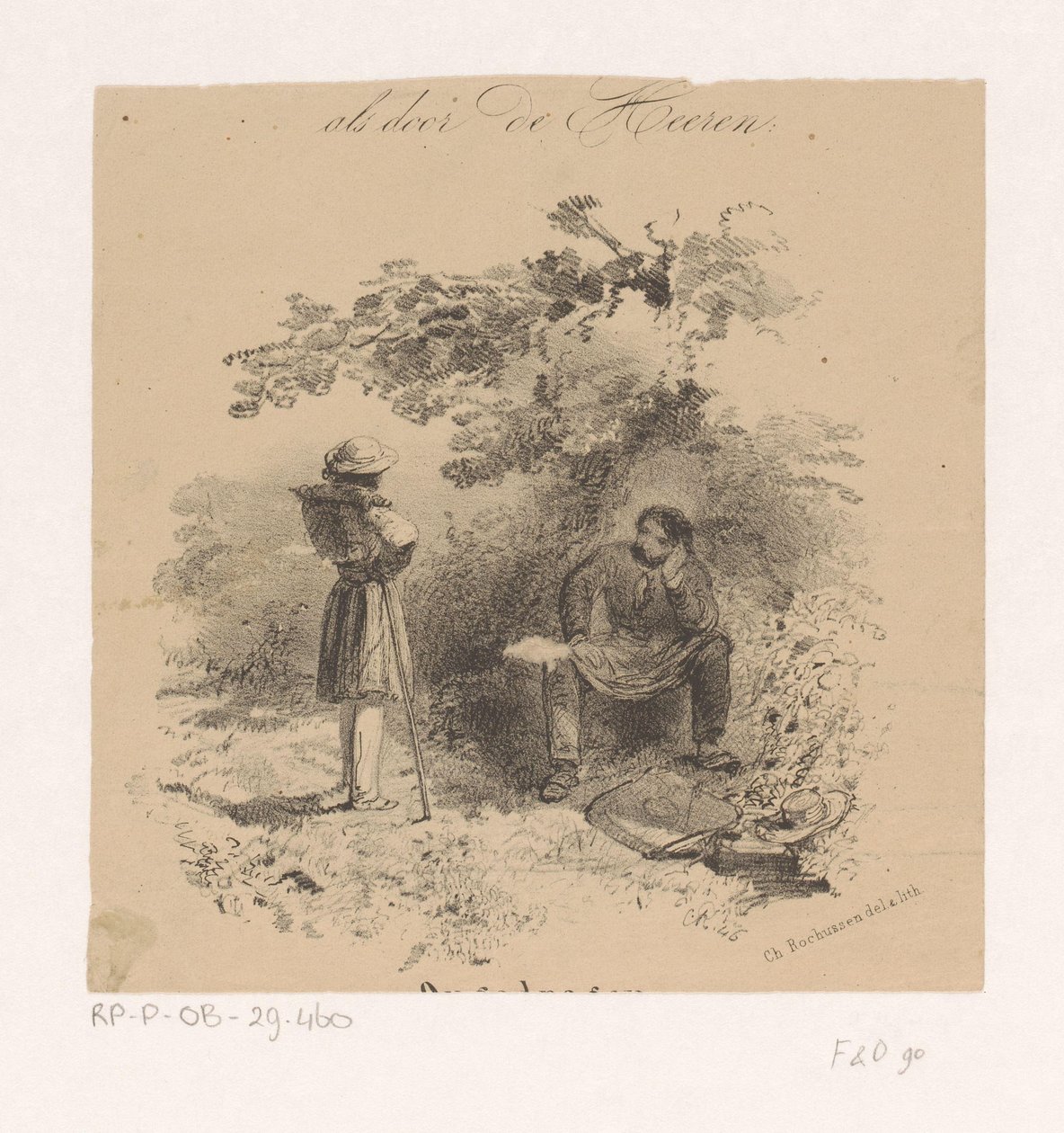 Pintor en reposo en conversación con otro artista Escuela de pintura de Hollandsche, dibujos y bocetos de los pintores más famosos de los Países Bajos (título de la serie) de Charles Rochussen