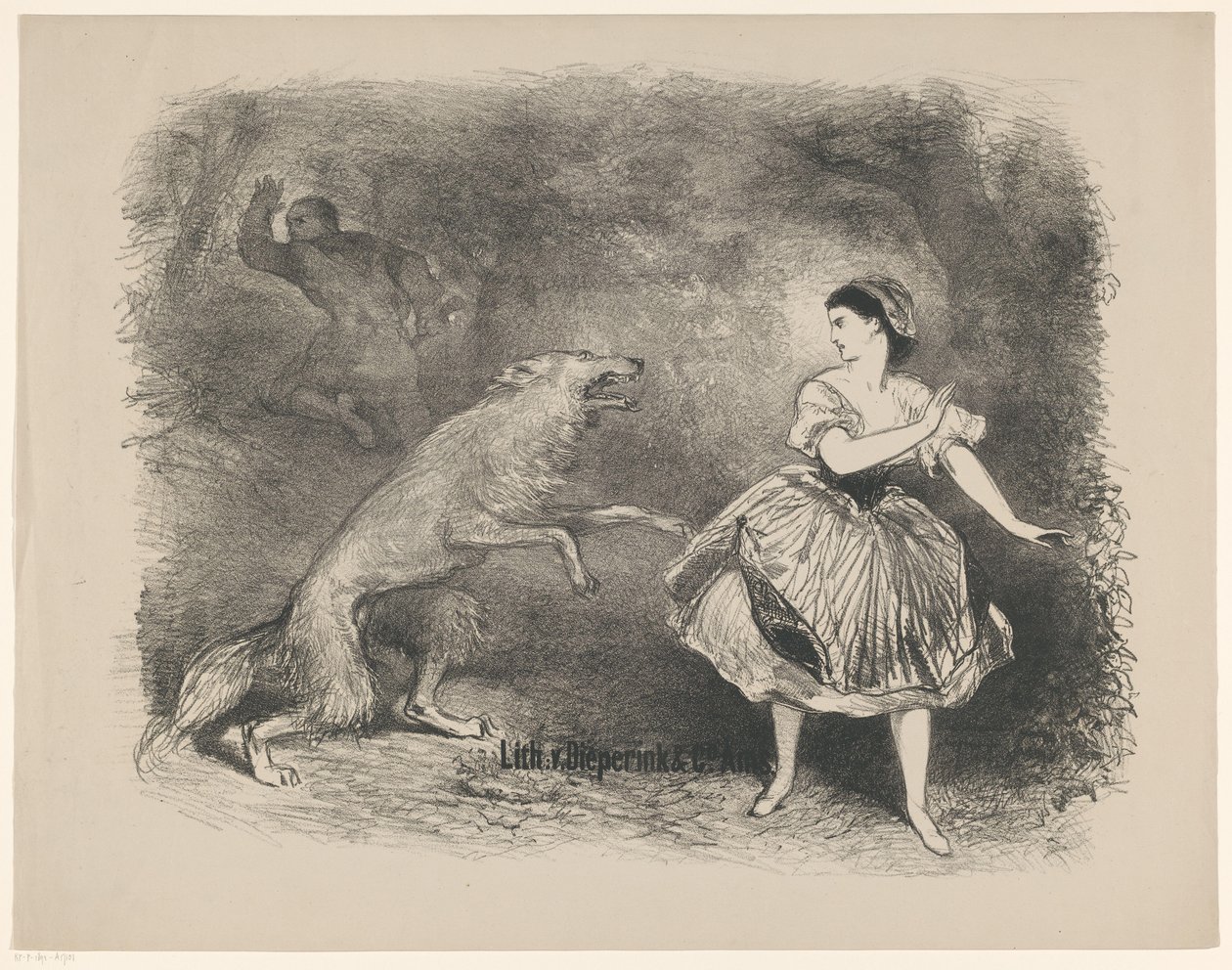Escena del ballet Caperucita Roja y el Lobo Anuncios de ballets y obras de teatro representadas en el Amsterdam City Theatre (título de la serie) de Charles Rochussen