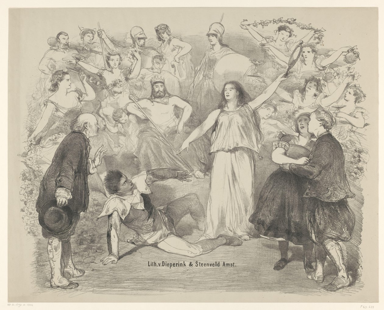 Escena de la obra Verdad y mentira. Anuncios de ballets y obras de teatro representadas en el Amsterdam City Theatre (título de la serie) de Charles Rochussen