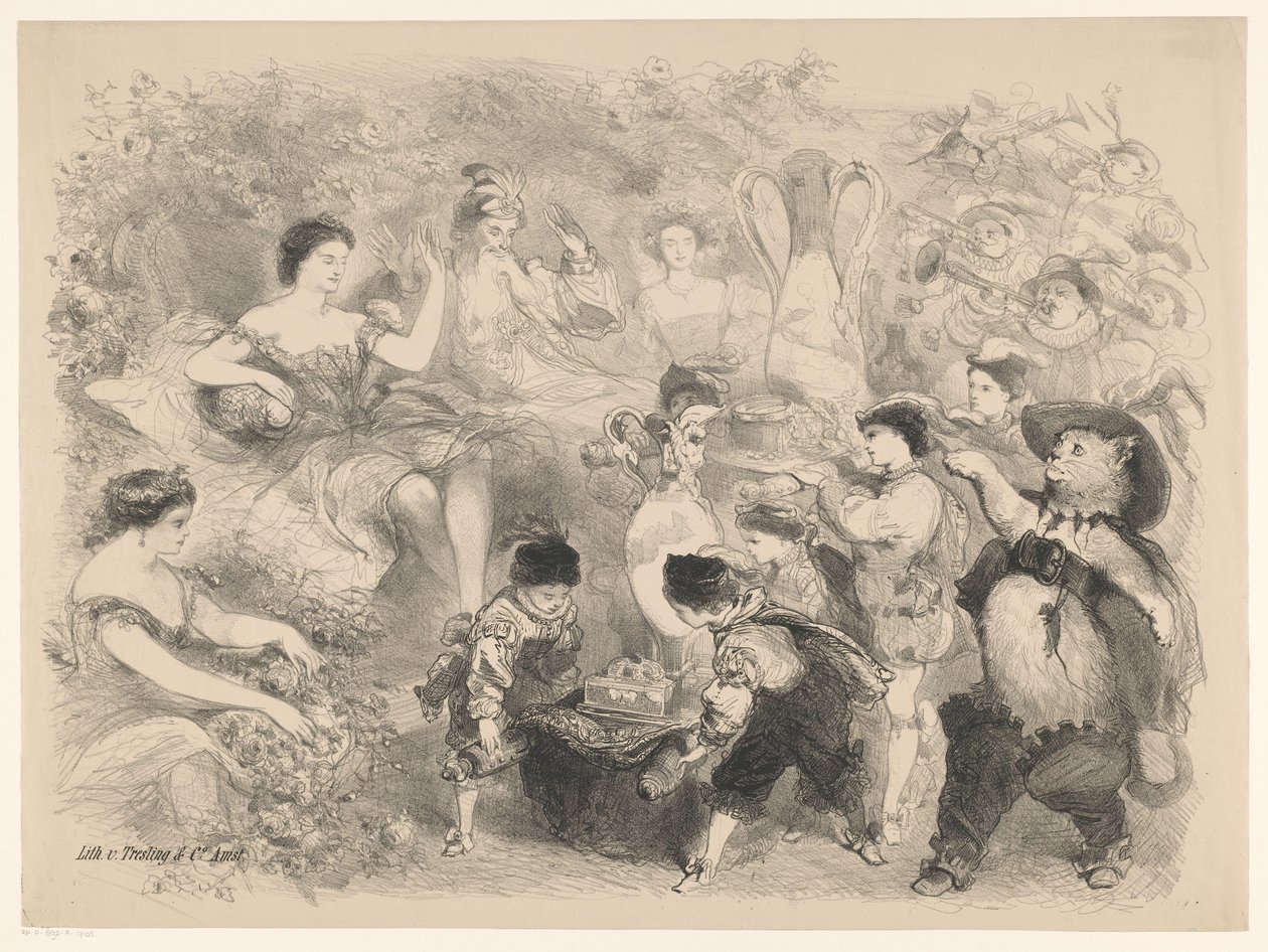Escena de la obra El gato con botas Anuncios de ballets y obras de teatro representadas en el Amsterdam City Theatre (título de la serie) de Charles Rochussen