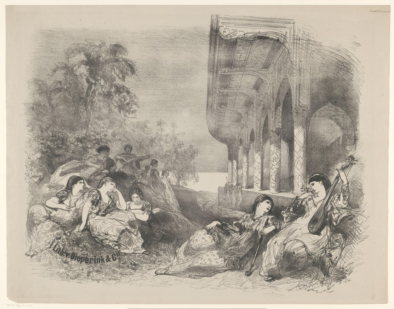Escena de juego con mujeres orientales. Anuncios de ballets y obras de teatro representadas en el Amsterdam City Theatre (título de la serie) de Charles Rochussen