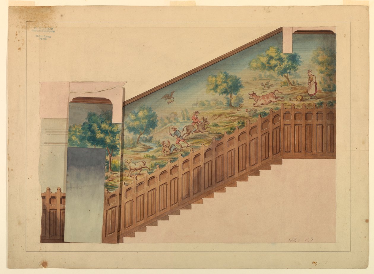 Diseño con superposición para parte de la escalera en Château-sur-Mer, Newport, Rhode Island de Charles Salagnad, French
