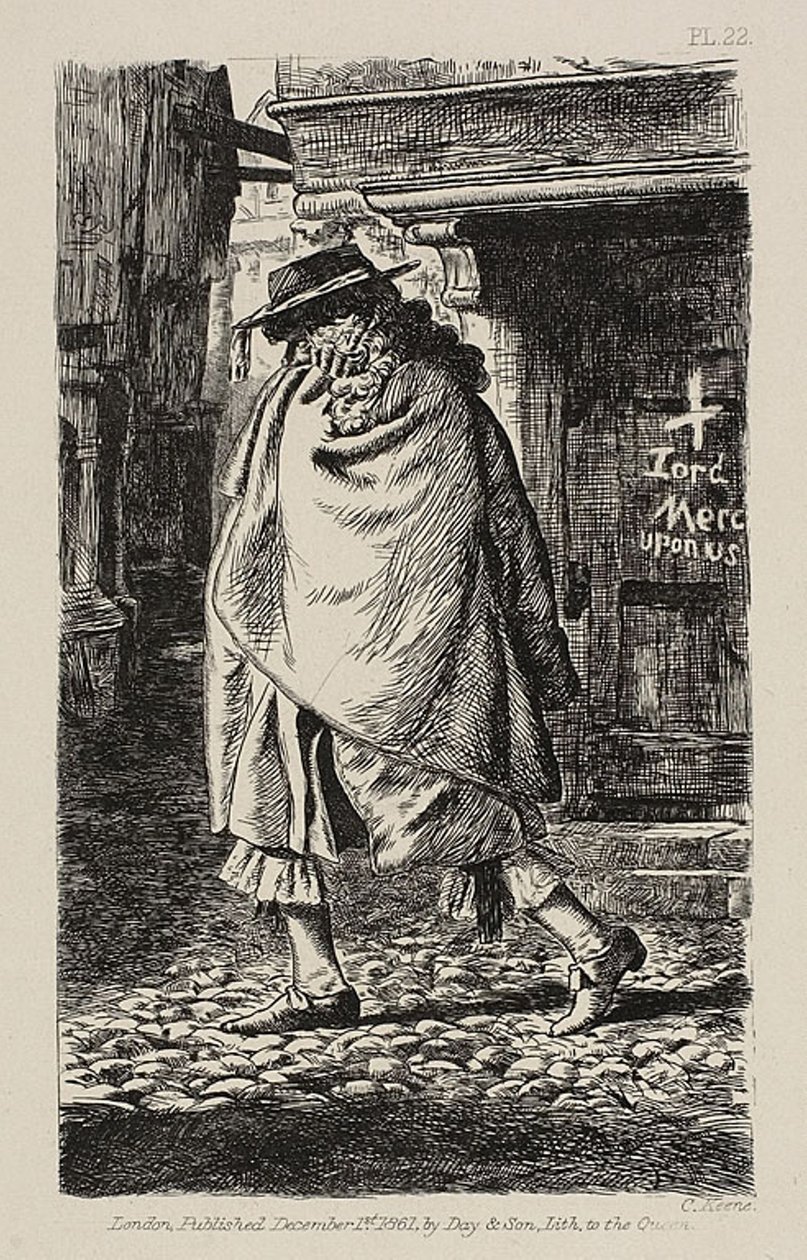 Una figura con capa pasando por la calle (en la época de la peste en Londres) de Charles Samuel Keene