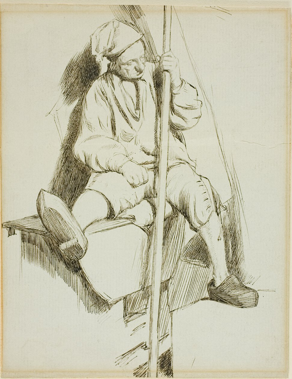 Hombre sentado, sosteniendo un bastón en la mano izquierda de Charles Samuel Keene