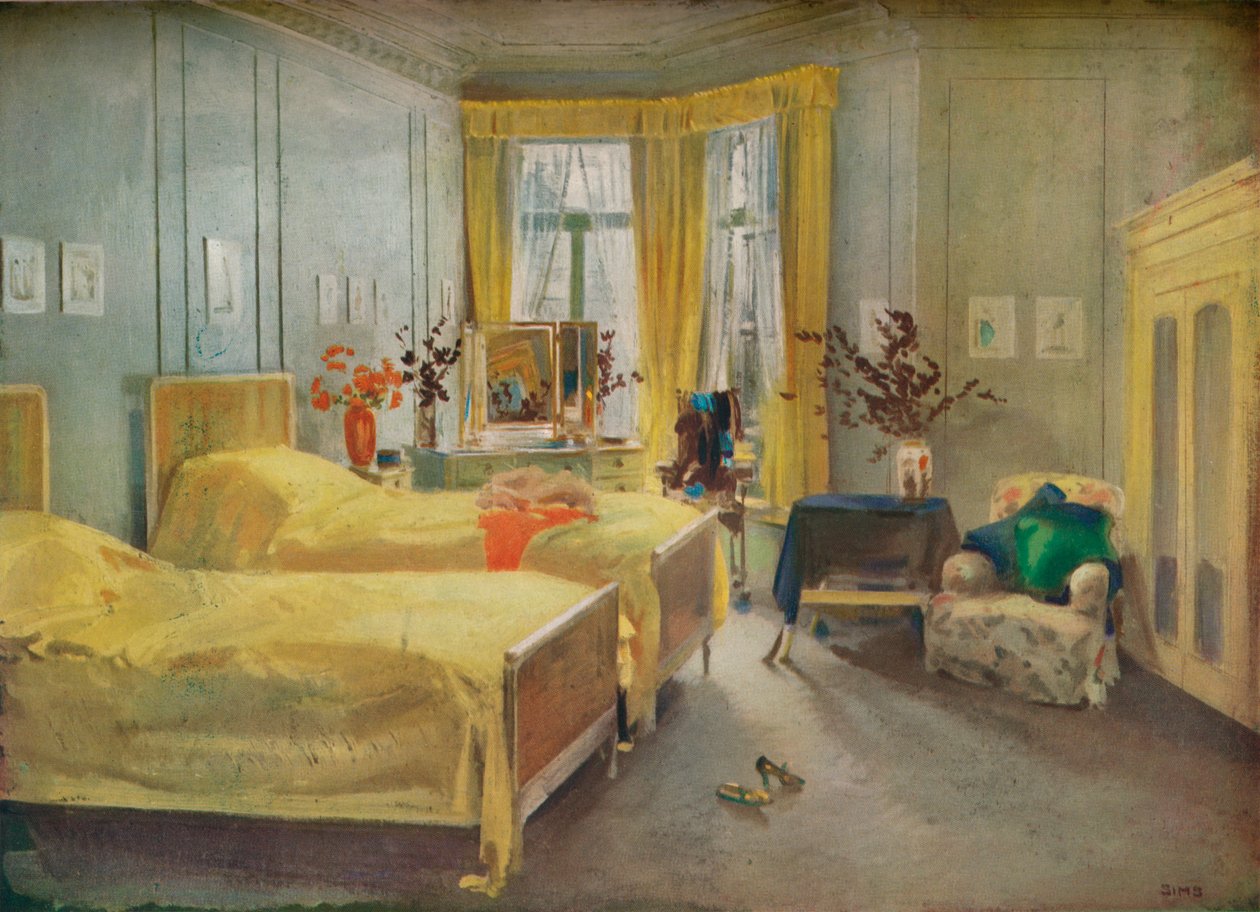 Una escena interior: un dormitorio diseñado por Mme. Gloria Silva en el Hotel Metropole, Londres, 1922 de Charles Sims