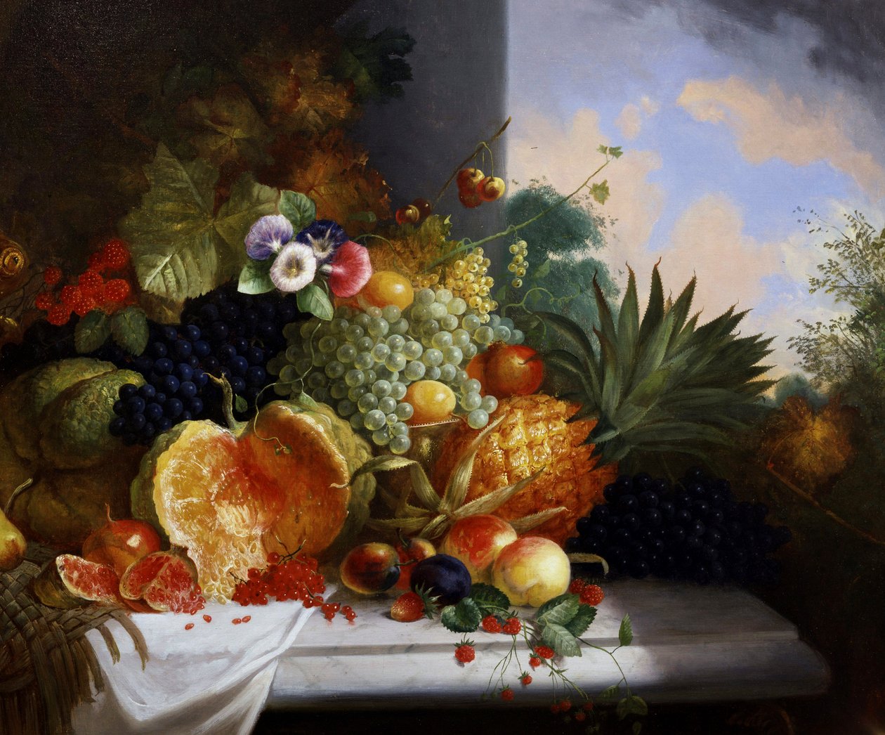 Naturaleza muerta de fruta (incluyendo frambuesas, uvas, fruta de la pasión, melones, grosellas, piñas, melocotones). Pintura de Charles Stuart (activo 1854-1904) Colección particular. de Charles Stuart