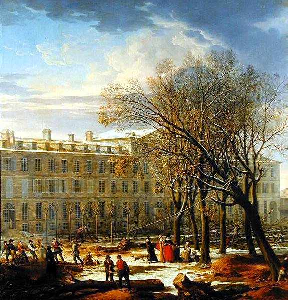 Figuras talando árboles fuera de un edificio en París de Charles Thevenin