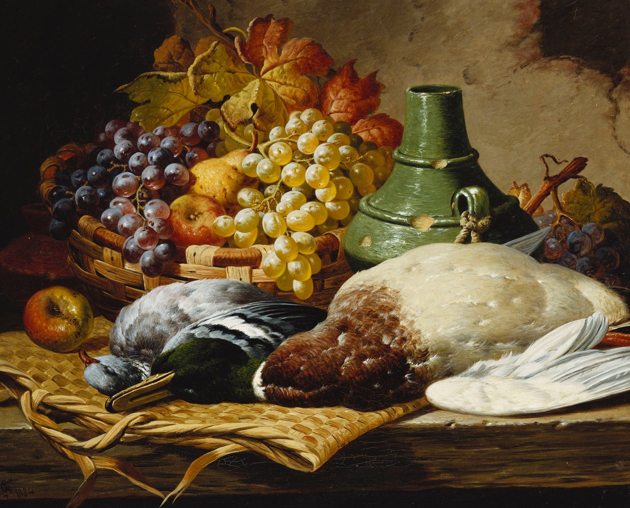Un ánade real y una paloma torcaz con una cesta de manzanas y uvas en un borde de madera de Charles Thomas Bale