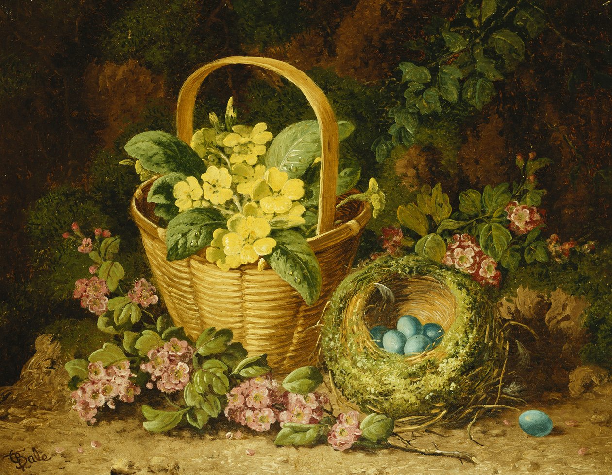 Primaveras en una cesta, japonica y un nido de pájaros de Charles Thomas Bale