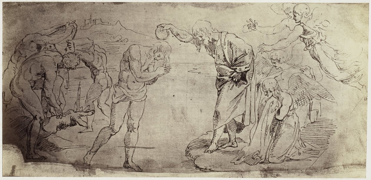 Reproducción fotográfica de un dibujo de Rafael, Bautismo de Cristo en el río Jordán de Charles Thurston Thompson