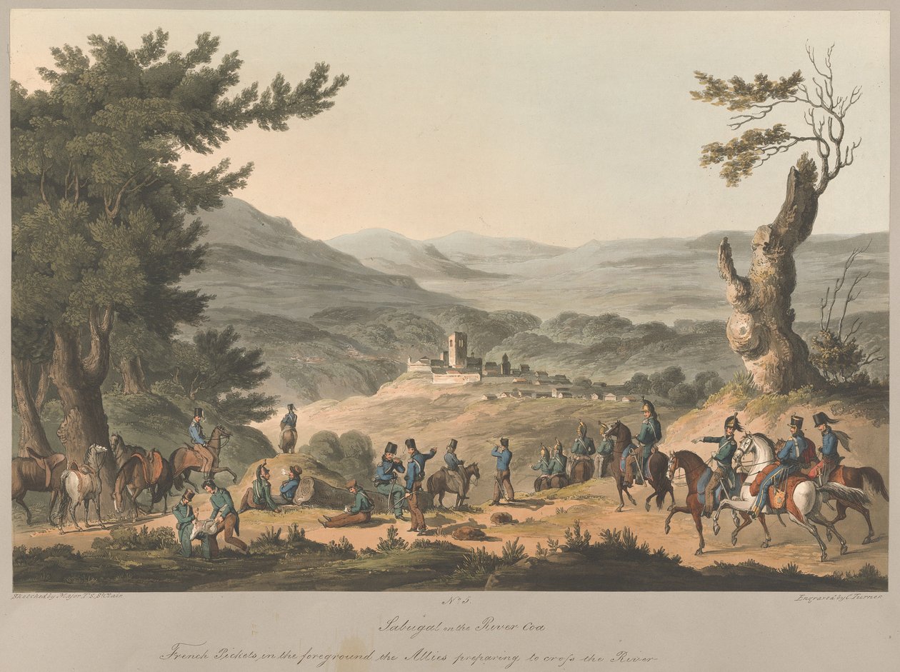 N.º 5: Sabugal, a orillas del río Coa. En primer plano, puestos de vigilancia franceses; los Aliados se preparan para cruzar el río. de Charles Turner