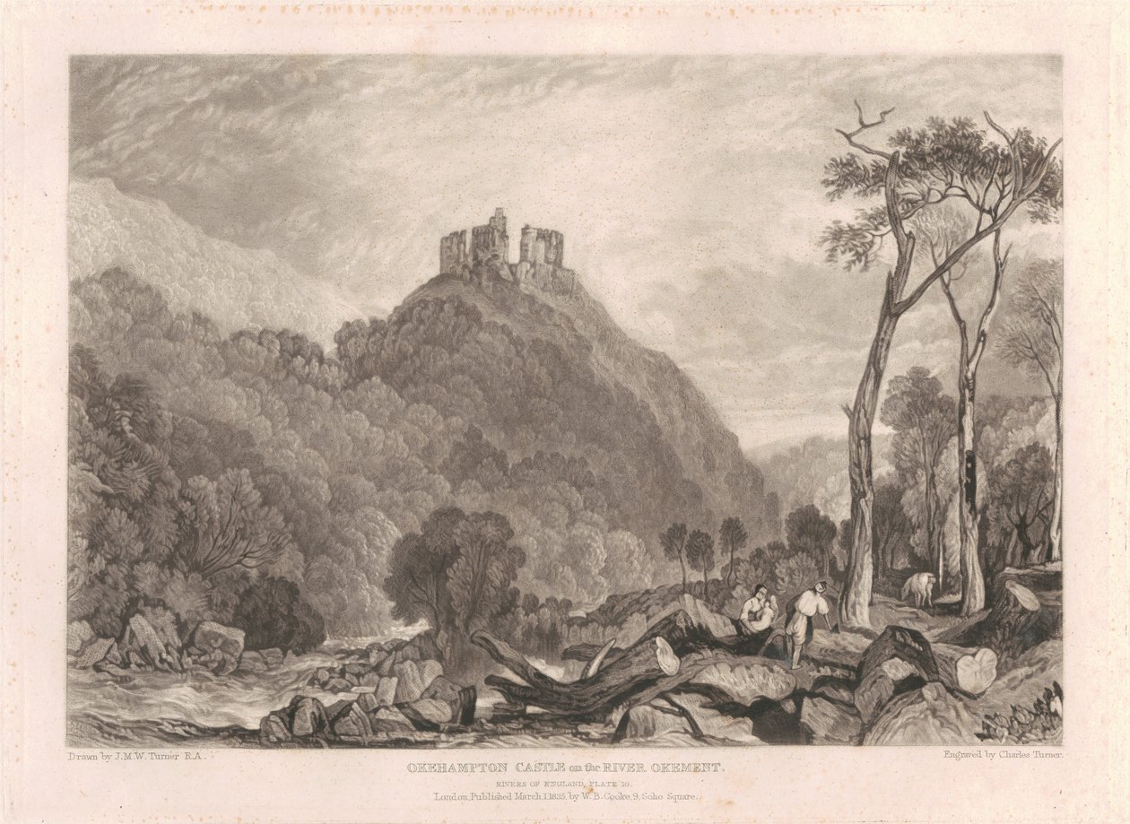 El castillo de Okehampton, a orillas del río Okement de Charles Turner