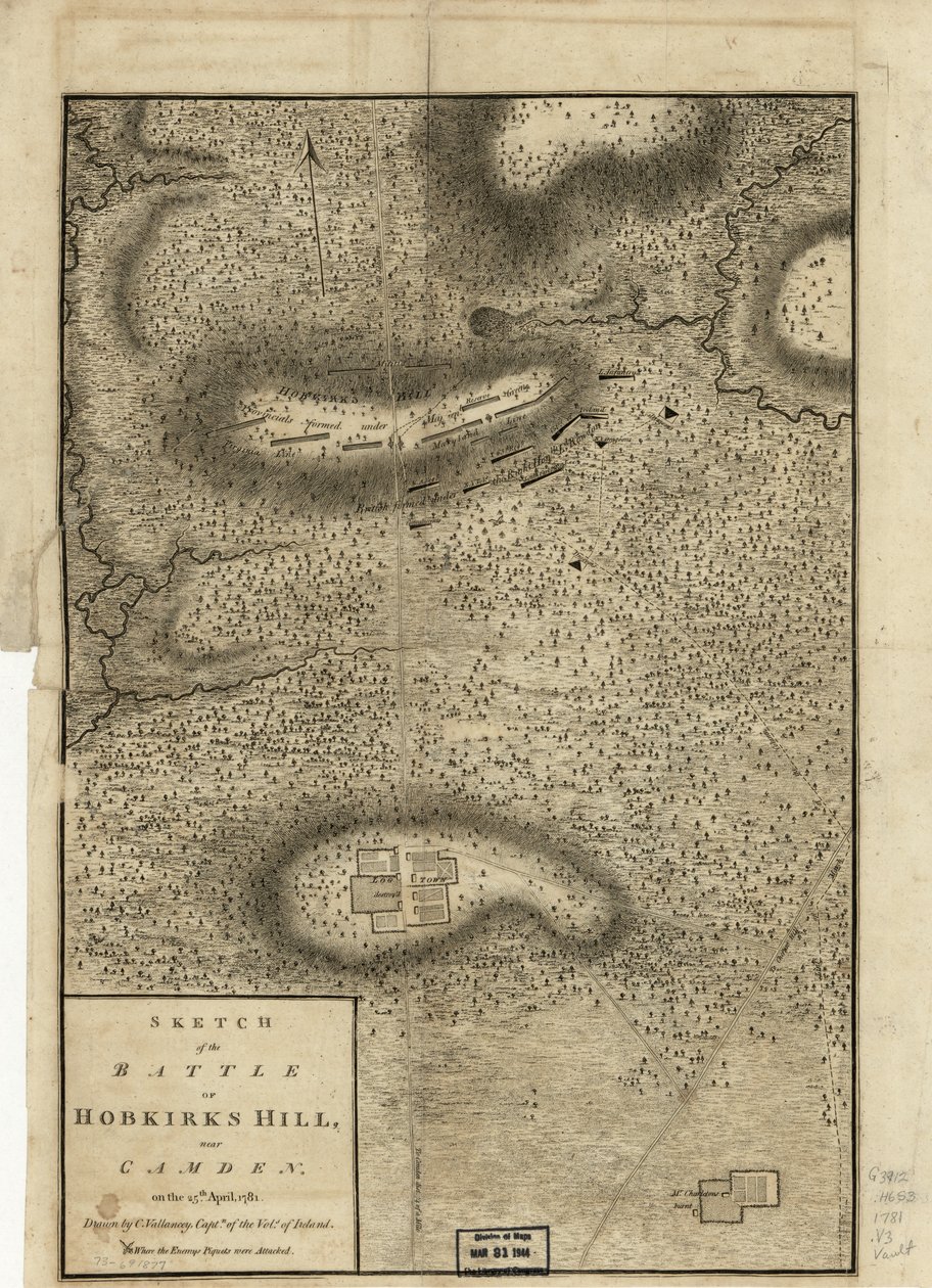 Boceto de la batalla de Hobkirks Hill, cerca de Camden, el 25 de abril de 1781, publicado en Londres, 1794 de Charles Vallancey