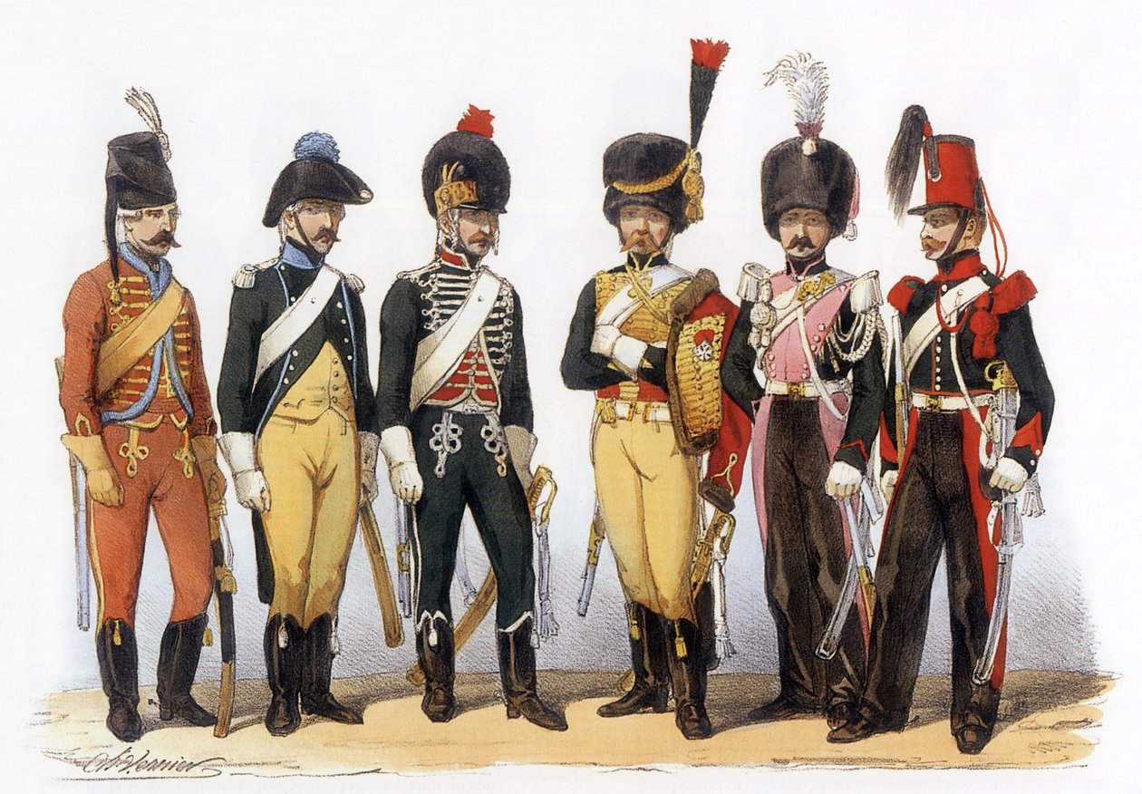 Trajes del ejército francés: Lanceros g-d: 1745 archivo cazador (bajo LuisXV); 1785 bajo LuisXVI; 1794 república; 1810 guardia imperiale (1er imperio); 1824 guardia real (restauración); 1840, dibujo de Charles Vernier (1831-1887). de Charles Vernier