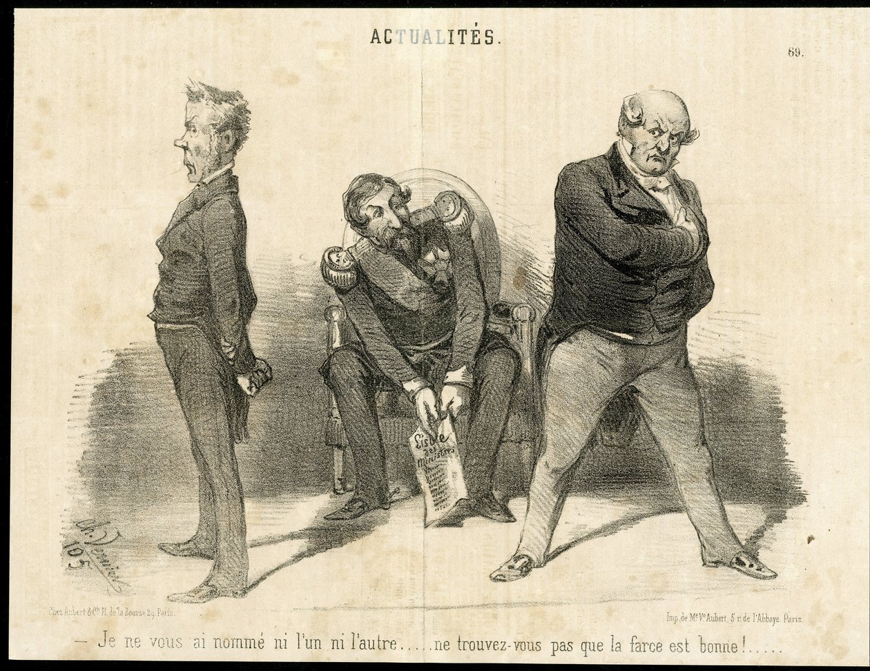 Ilustración de Charles Vernier (? -1887) en Le Charivari - Presidente de la República, Ministerio, Sillón (símbolo de poder) - Napoleón III, Barrot Odilon (1791-1873), Ministro, Faucher Leon (1803-1854) de Charles Vernier