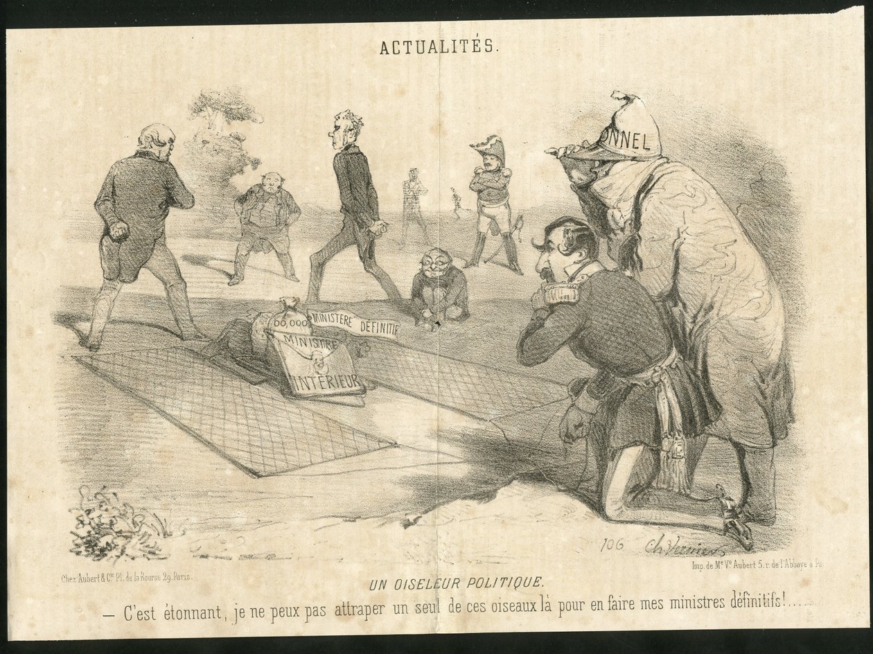 Ilustración de Charles Vernier (? -1887) en Le Charivari - Un oiseleur politique - Presidente de la República, Ministerio del Interior - Thiers Adolphe, Napoleón III, Faucher Leon (1803-1854) - Portafolio de Charles Vernier