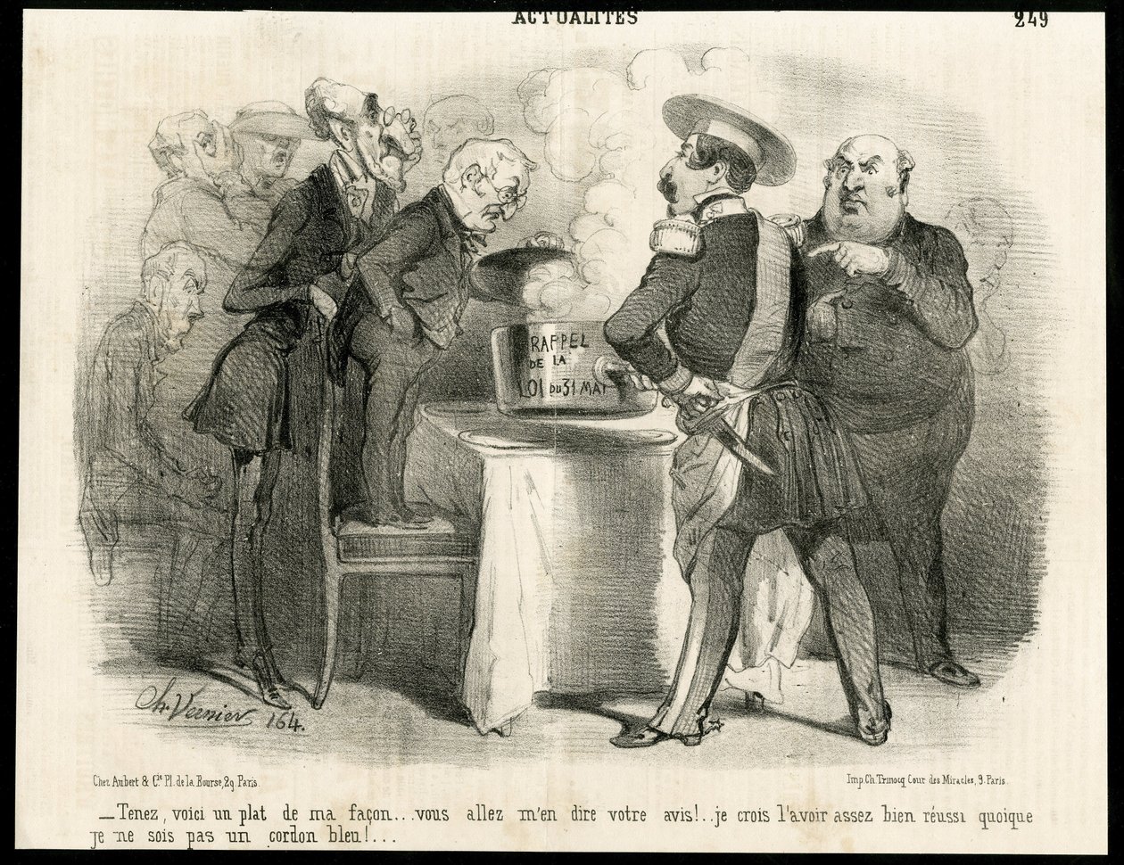 Ilustración de Charles Vernier en Le Charivari, circa 1851-11 - Recordatorio de la ley del 31 de mayo de 1850 - Elecciones, Presidente de la República, Tamaño, Ley, Derechos de voto - Thiers Adolphe, Napoleón III, Dupin Andre-Marie de Charles Vernier