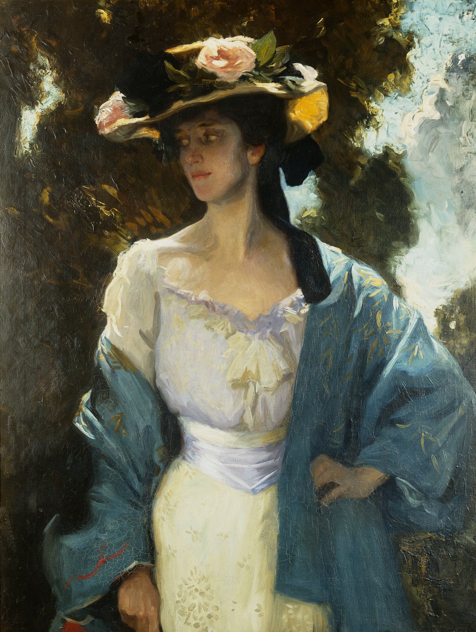 Retrato de Frances Josephine Furse, cuñada del artista con una chaqueta oriental azul, 1903 de Charles Wellington Furse