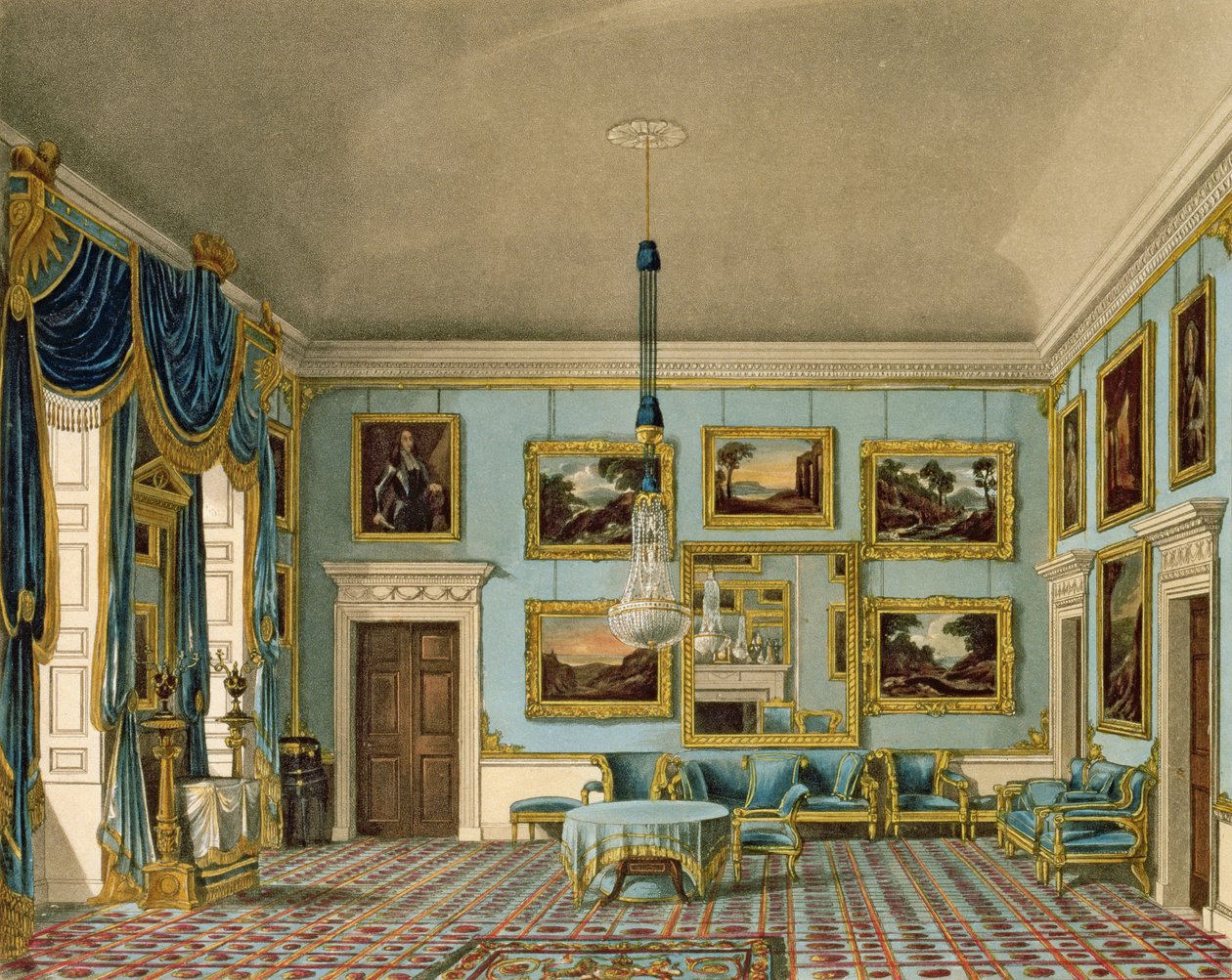 La sala de terciopelo azul en la Casa de Buckingham, grabado por Daniel Havell de Charles Wild