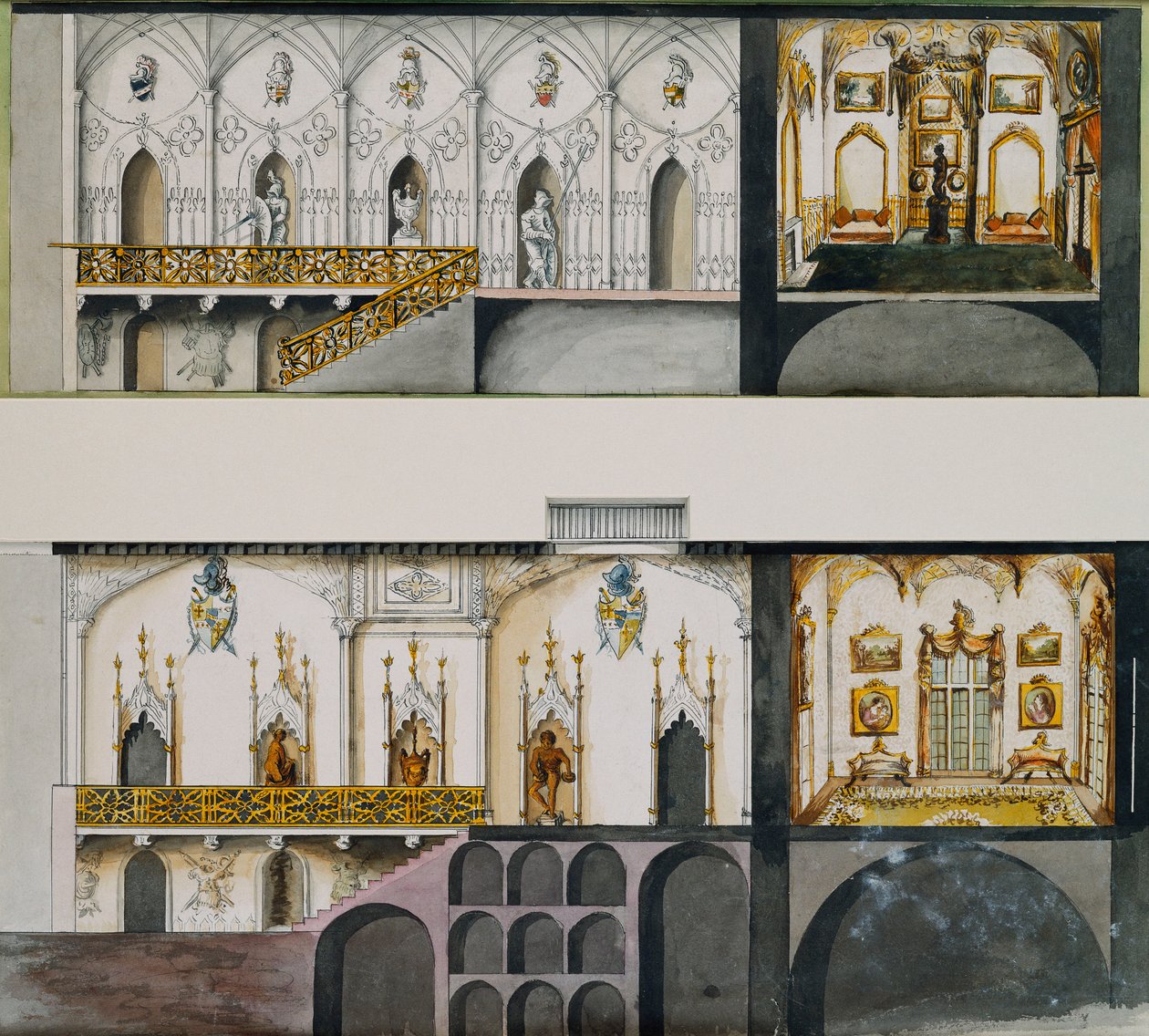 Proyectos alternativos para el salón, galería y sala de dibujo en el Castillo de Charleville: Secciones de Charles William Bury