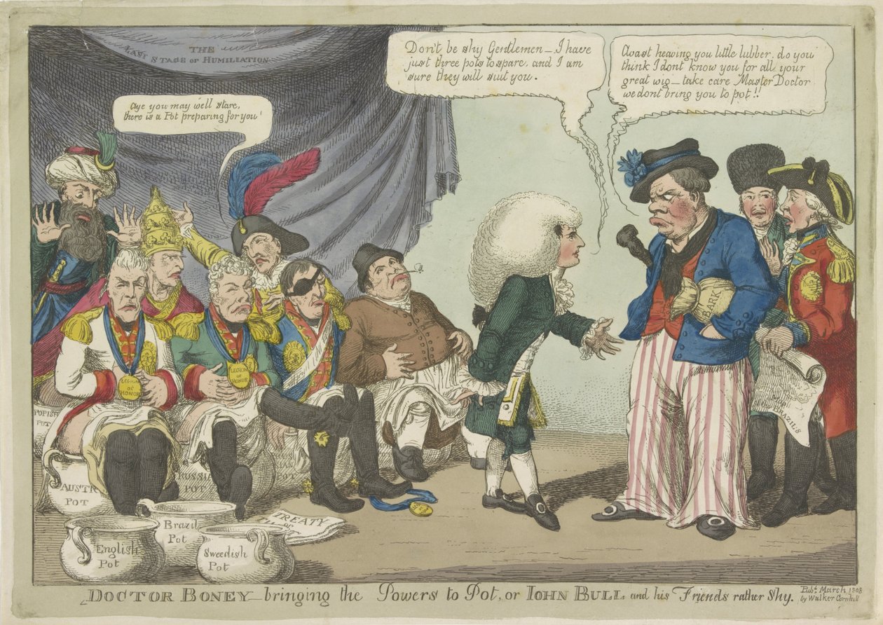 Dokter Napoleón zet de Europese vorsten op de pot, 1808 Doctor Boney - trayendo los poderes a la olla, o John Bull y sus amigos bastante tímidos (título sobre objeto) de Charles Williams