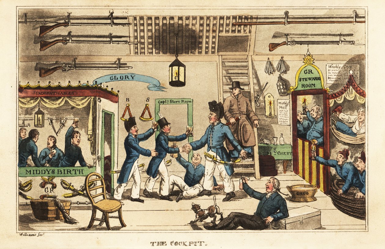 Johnny Newcome bebiendo grog en la cabina con otros guardiamarinas de Charles Williams