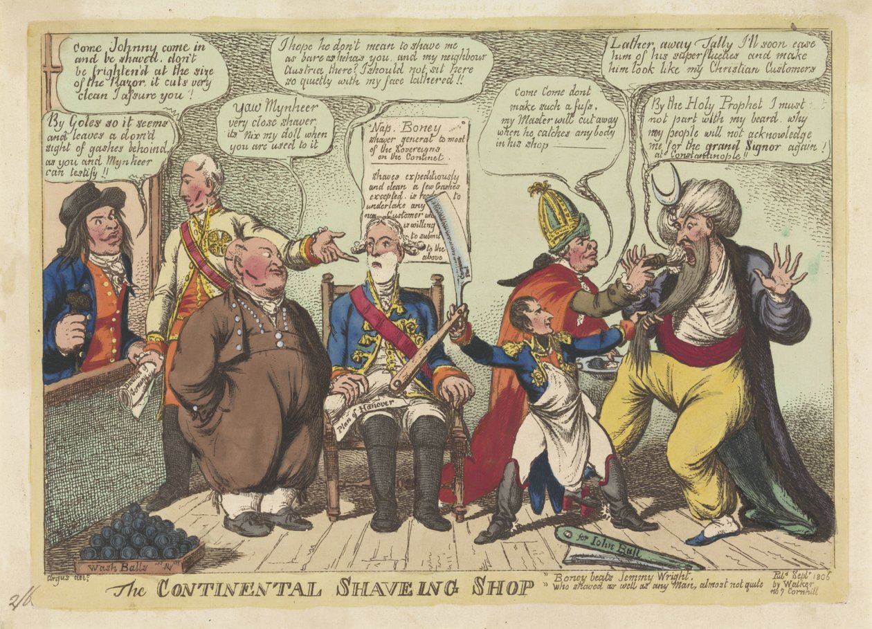 Napoleón como barbero para las potencias europeas, 1806 The Continental Shaving Shop (título sobre el objeto) de Charles Williams