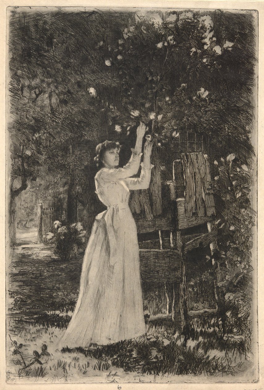 una mujer joven recogiendo flores de un árbol de Charles Yardley Turner