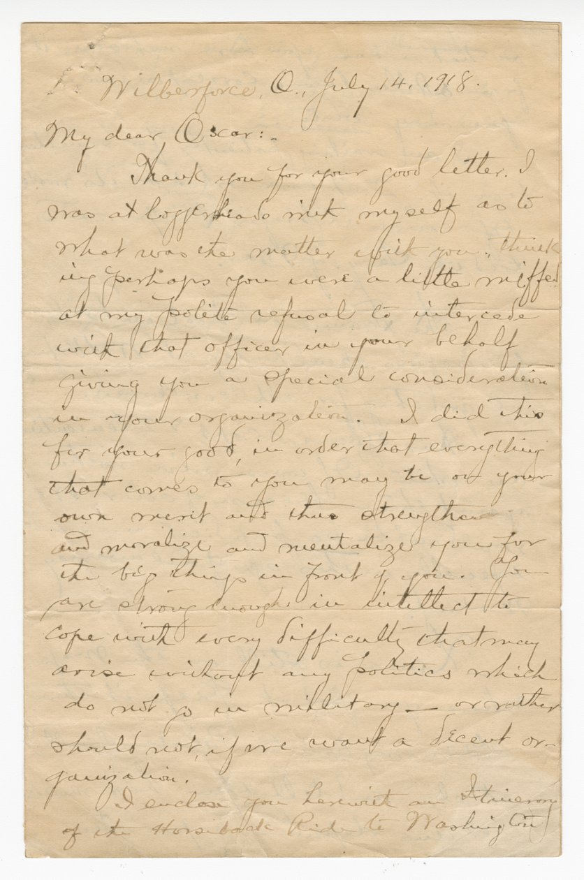 Carta a Oscar W. Price del Coronel Charles Young, 14 de julio de 1918 de Charles Young