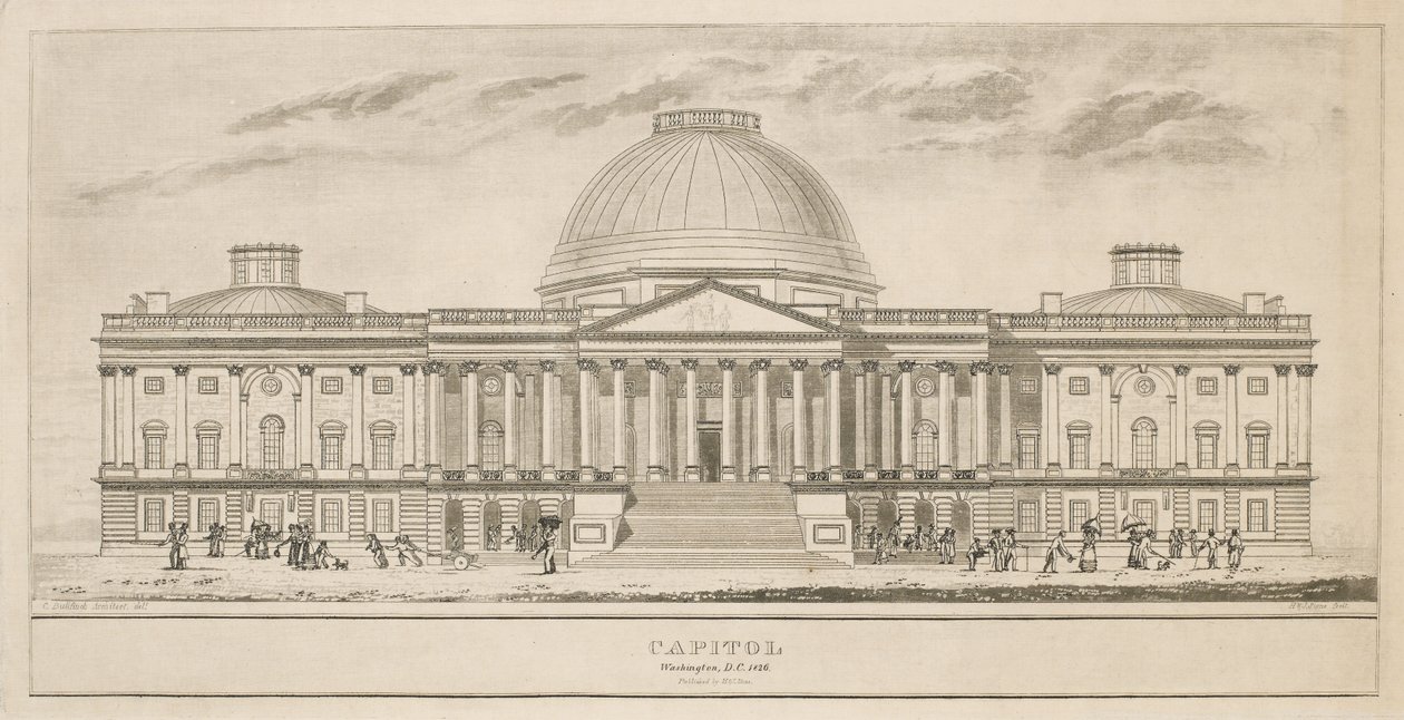 Capitolio, Washington, D.C., grabado por Henry y James Stone (florecieron 1822-1849), 1826 (aguatinta y grabado en línea sobre papel) de Charles after Bulfinch