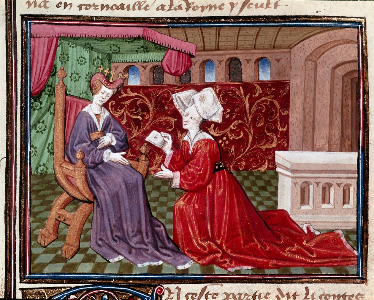 Una sierva que lleva una carta a la reina Iseut (o Isult) Miniatura extraída del "Románico del Caballero Tristán" del maestro Carlos de Maine 1440-1460. Chantilly, Museo del Conde de Charles du Maine Master
