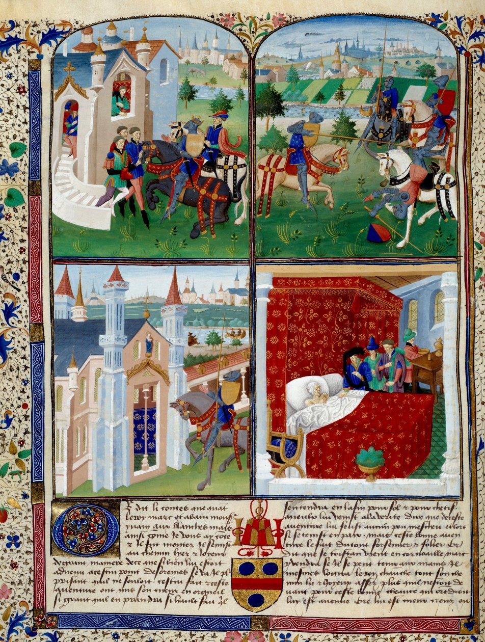 Ilustración de la novela de Tristán: inicio, torneo y muerte. Miniatura del Maestro Dit De Charles Du Maine (ca. 1450 - 1460). Chantilly, Museo Conde de Charles du Maine Master