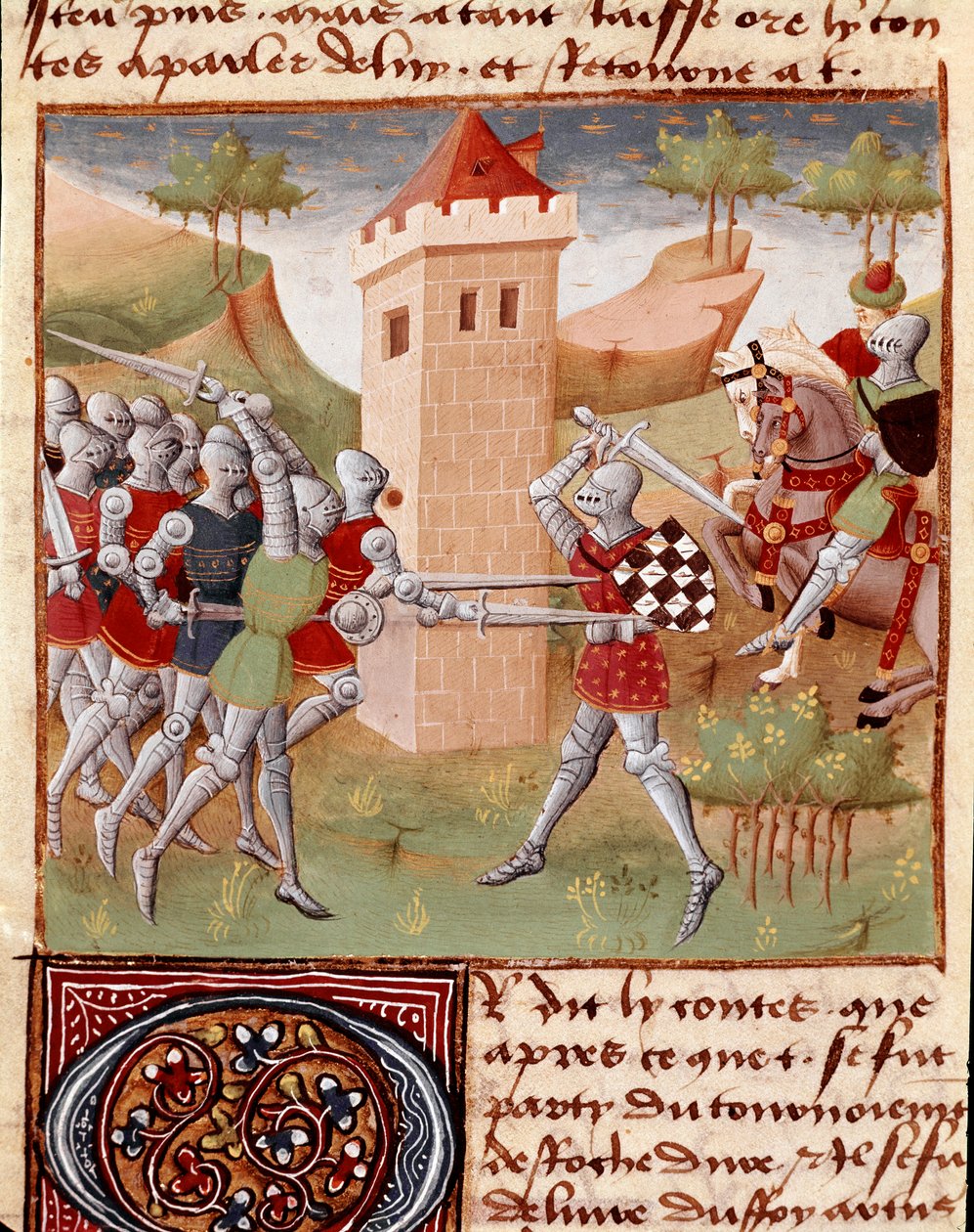 Lancelot du Lac luchando contra los caballeros Miniatura tomada del "Roman du Chevalier Tristan" del Maestro Charles de Maine (versión Beroul). 1440-1460. Chantilly, Museo del Conde de Charles du Maine Master