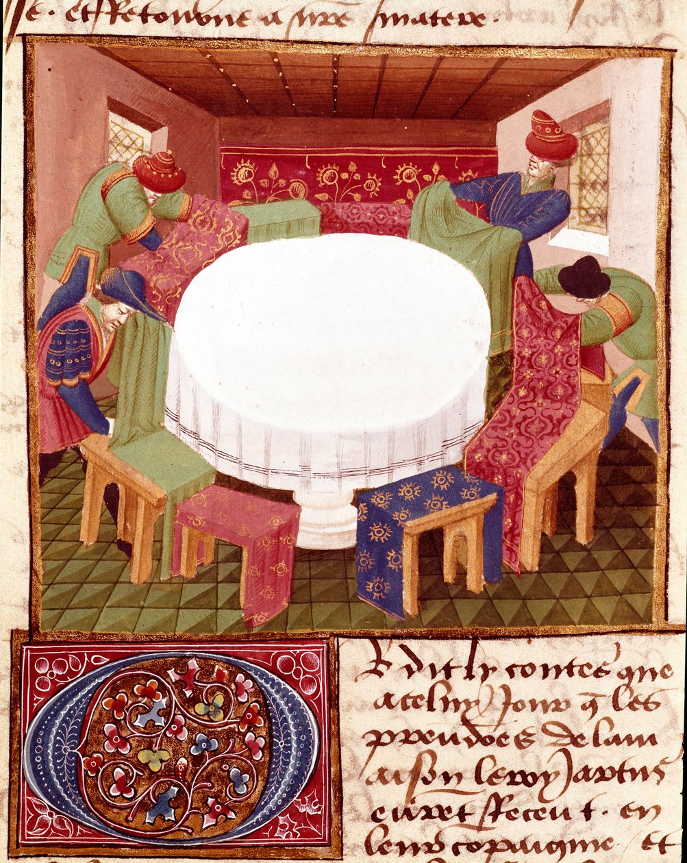 Preparativos de la Mesa Redonda a la llegada de los caballeros en miniatura tomados del "Románico del Caballero Tristán" del maestro Charles de Maine (versión de Beroul). 1440-1460. Chantilly, Museo del Conde de Charles du Maine Master