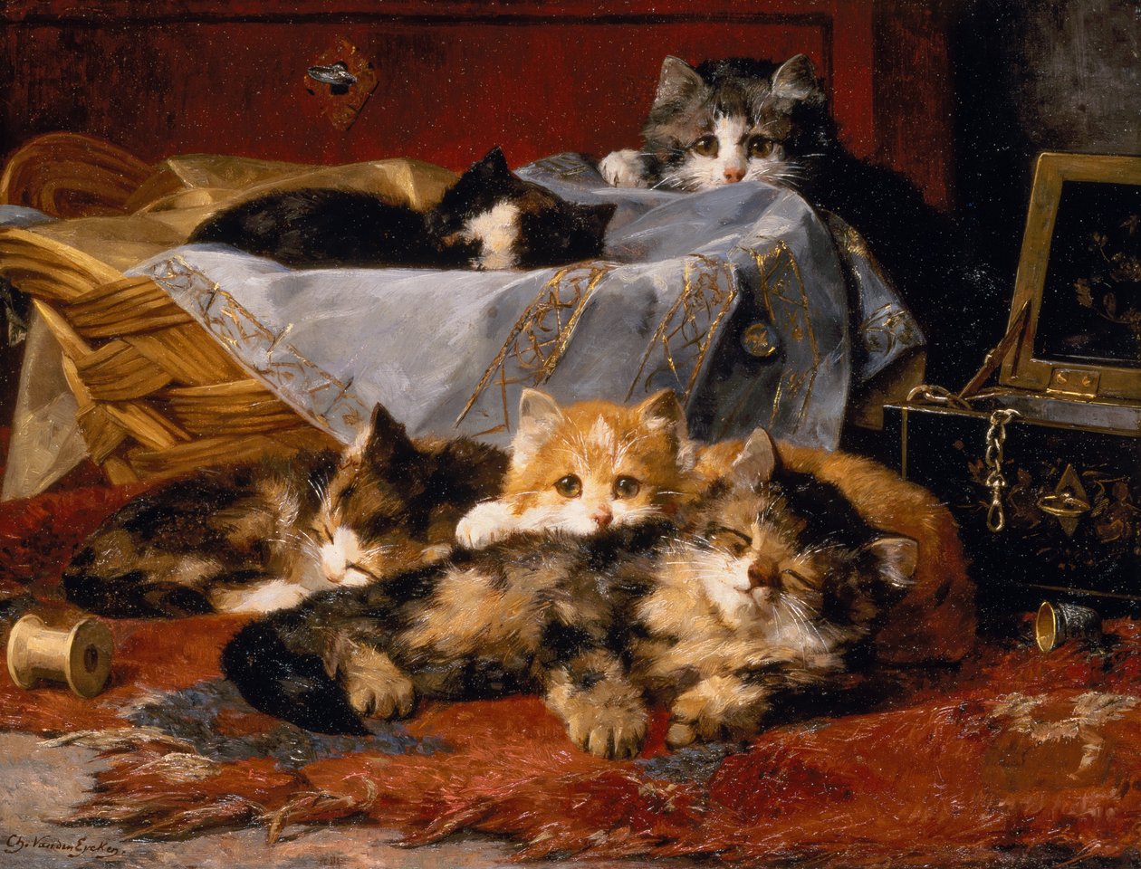 Gatitos junto a una canasta de costura (óleo sobre lienzo) de Charles van den Eycken