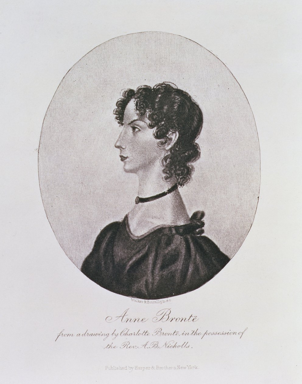 Retrato de Anne Bronte (1820-49) de un dibujo en posesión del Rev. A. B. Nicholls, grabado por Walker y Boutall de Charlotte Bronte