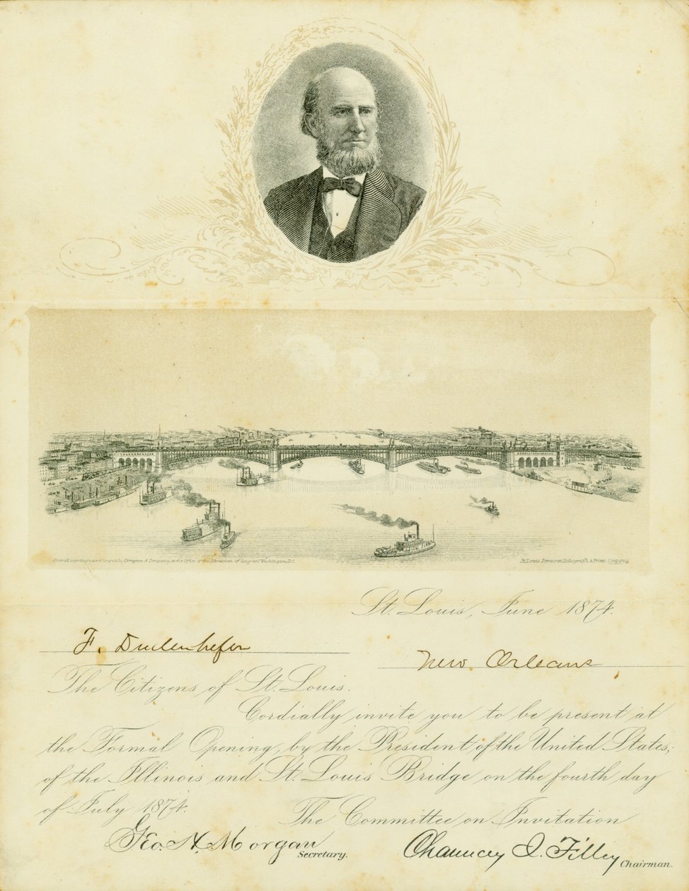 Invitación para asistir a la inauguración formal del Puente Eads el 4 de julio de 1874 de Chauncey I. Filley