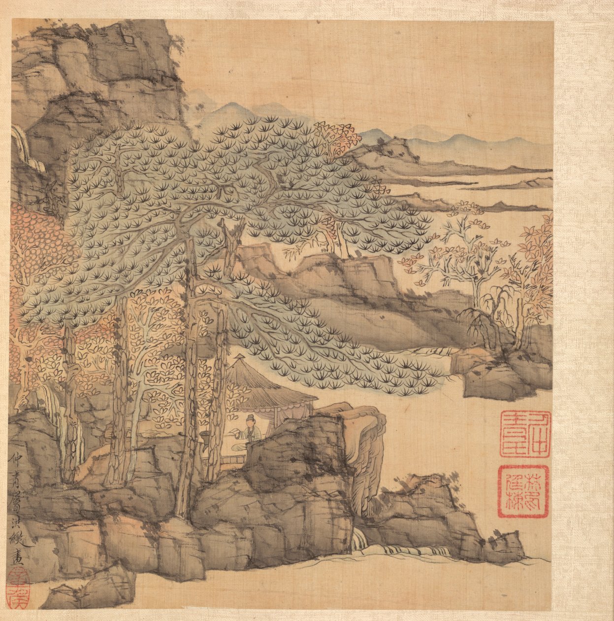 Pinturas después de maestros antiguos: Erudito leyendo en una cabaña de paja junto a una cascada, 1598-1652 de Chen Hongshou
