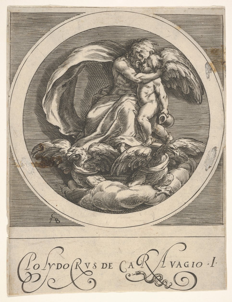 Júpiter, sentado sobre dos águilas y abrazando a Cupido, una composición redonda de una serie, ca. 1590 de Cherubino Alberti