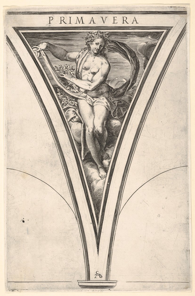 Primavera representada como una mujer con un manto ondeante y guirnaldas de Cherubino Alberti