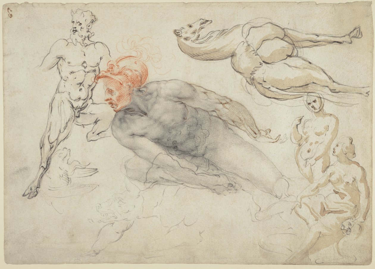 Estudios de desnudos masculinos y femeninos, un sátiro y un camello (anverso); estatua de Marco Aurelio (reverso) de Cherubino Alberti