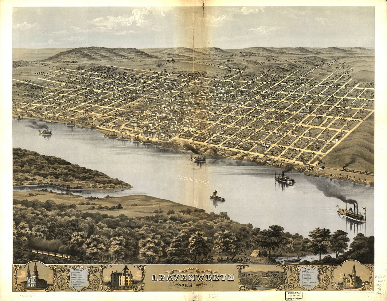 Vista aérea de la ciudad de Leavenworth, Kansas 1869 de Chicago Lithographing Co.